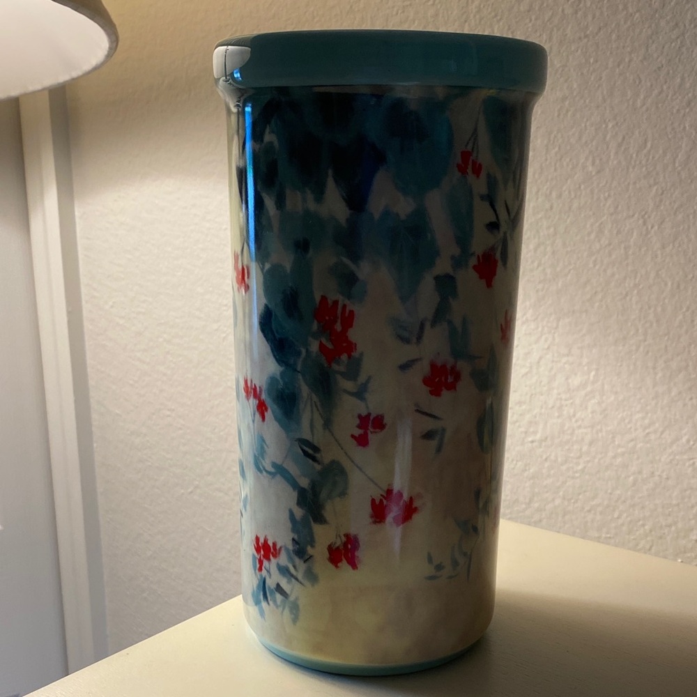 Floral Ceramic Vase with Blue and Red Accents